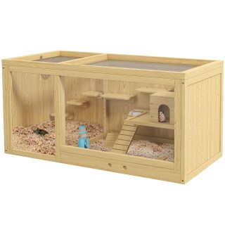 PawHut Hamsterkäfig aus Holz Kleintierkäfig Spielhaus für Gerbils mit Schaukeln