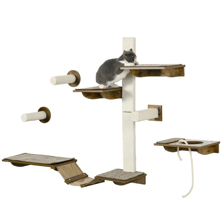 PawHut Katzen Kletterwand Set, 8-teilig Katzenmöbel mit Kratzbäumen, Sisal