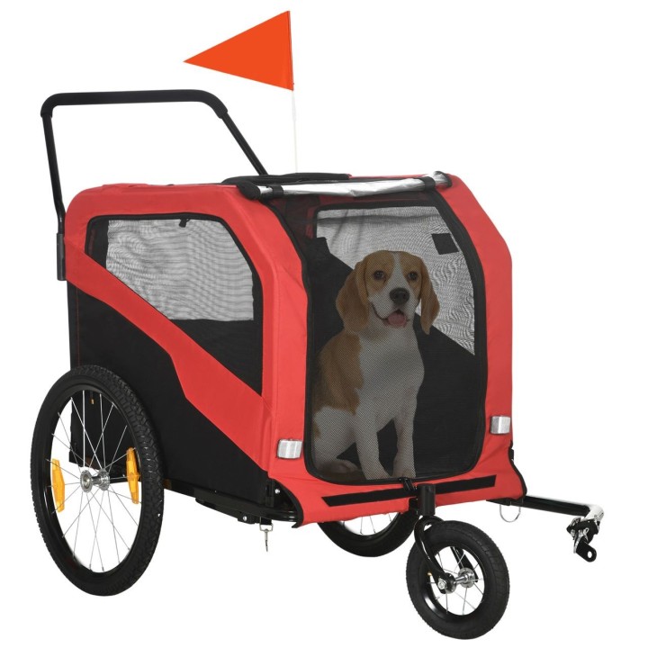 2-in-1 Hundeanhänger Fahrradanhänger Hundewagen mit Reflektoren, Rot