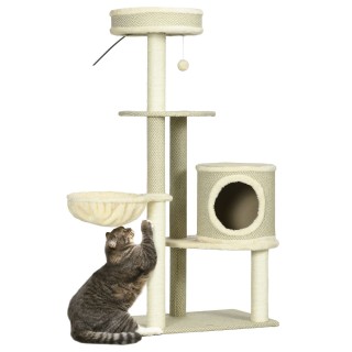 Katzen Kratzbaum 124 cm Katzenbaum mit Katzenhöhle, Spielball, Korb Sisal
