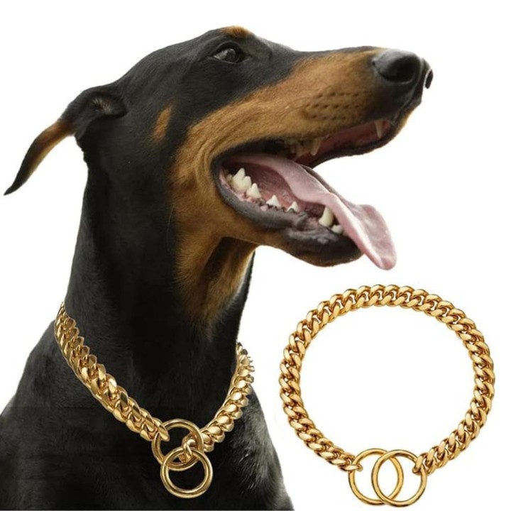 Hundehalsband aus 18 Karat Goldkette, 10 mm, kubanische Gliederkette, Edelstahl-Metallglieder, Trainingshalsband für kleine,