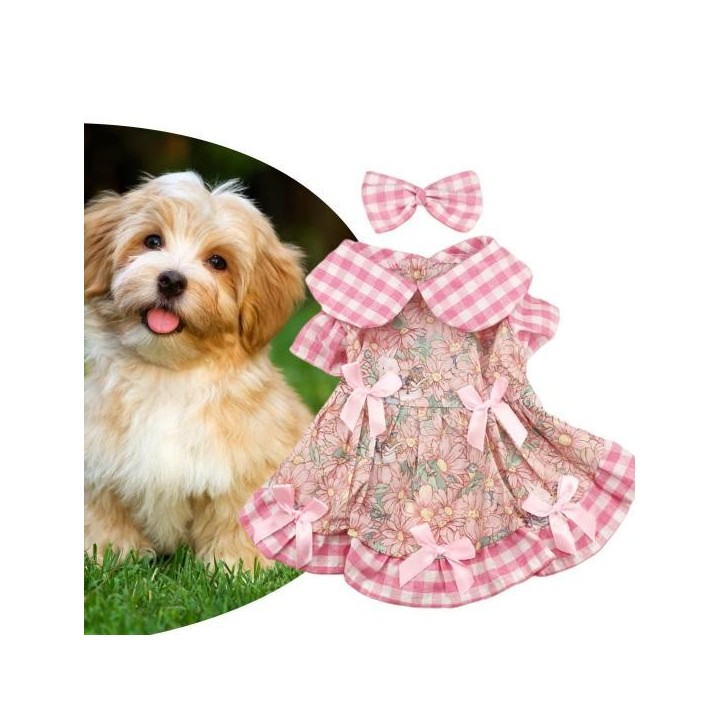 Hundekleid, Blumenmuster, Haustierrock mit Schleifenverzierungen, atmungsaktiv, bequem, Haustierkleid XS rosa