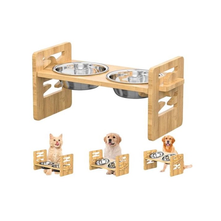 Erhöhter Futternapfständer für Haustiere mit geneigter Plattform, verstellbarer erhöhter Futterspender aus Holz mit 2 Edelsta