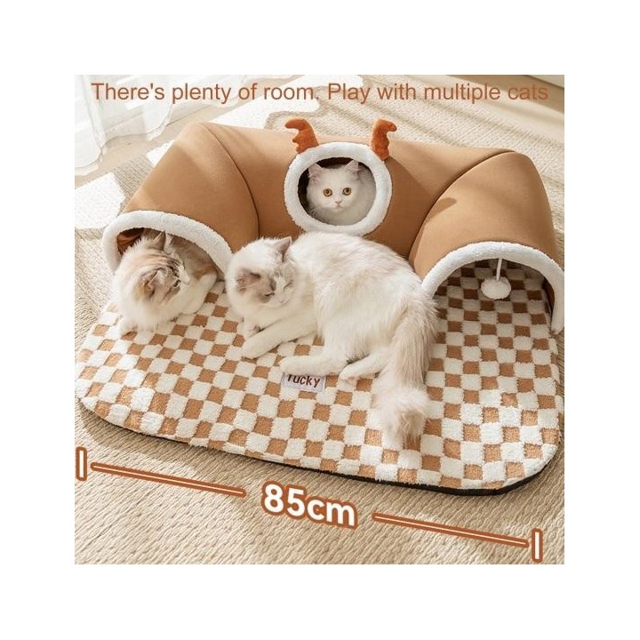 Katzentunnelbett für den Innenbereich, warmes Geweih, Katzen-Guckhöhle, Nest, Katzenröhre mit Plüschballspielzeug, abnehmbare