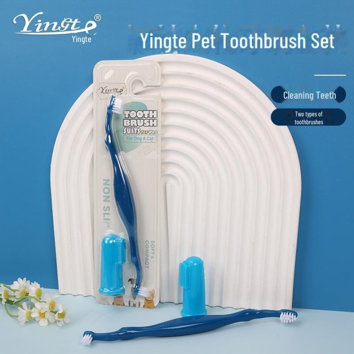 Mundpflegeset für Haustiere: Finger- und Doppelkopfzahnbürste für Hunde und Katzen Toothpaste Set