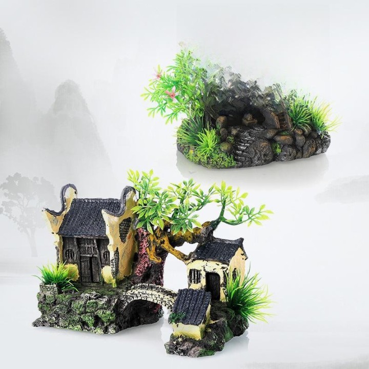 „Jiangnan Cottage Aquarium Dekoration: Steingarten aus Kunstharz und Yunhe-Turm für die Aquarienlandschaftsgestaltung Jiangna