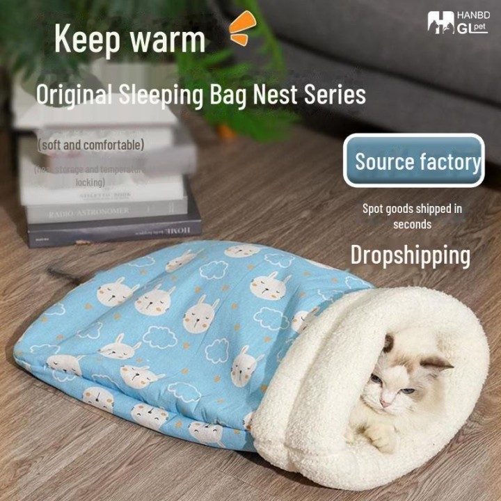 Warmer, halbgeschlossener Katzenschlafsack und -matte aus Lammwolle für den Winter thick lambskin rosa