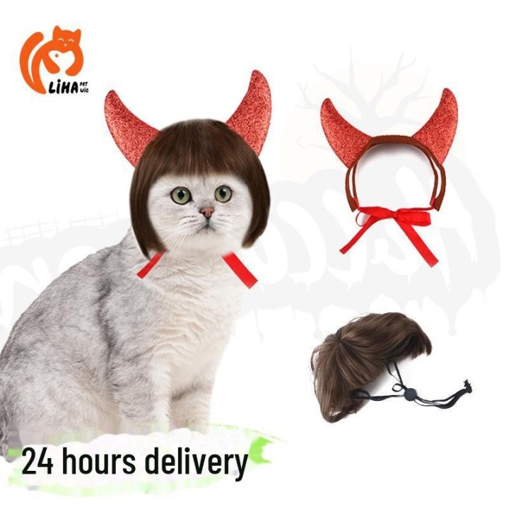 Halloween Haustierkostüm: Lustiges Perücken- und Horn-Stirnband-Set für Katzen und Hunde cat bob rot