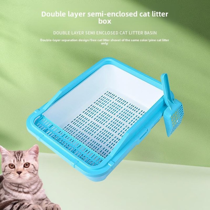 Große, doppelschichtige, halbgeschlossene Katzentoilette mit Spritzschutz von Carver 51×40×18.5cm blau