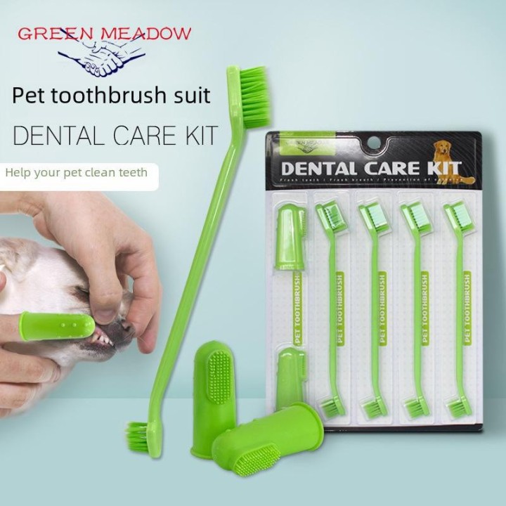 Zahnpflegeset für Haustiere: Doppelkopf- und Fingerzahnbürste für Hunde und Katzen 93309 dunkelgrüne