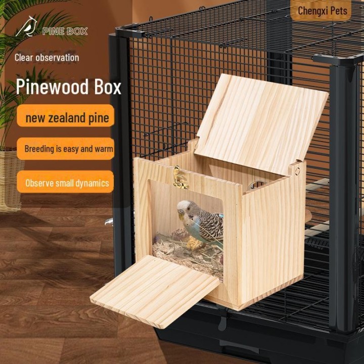Vogelhäuschen aus massivem Kiefernholz mit transparenter Acrylplatte für die Zucht von Papageien small, with stand pole, wood