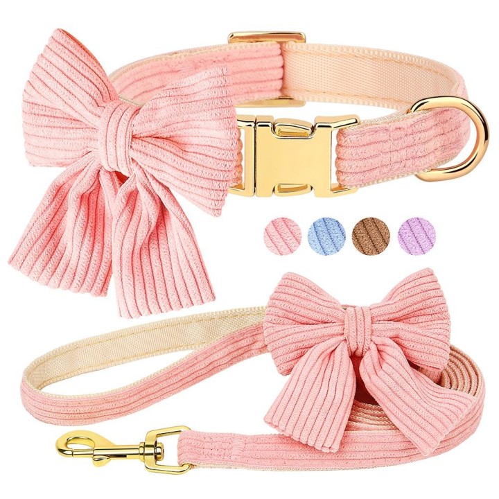 Süßes rosa Hundehalsband-Leinen-Set mit Fliege, verstellbar, weiches Samt-Haustierhalsband und Leine für kleine und mittelgro