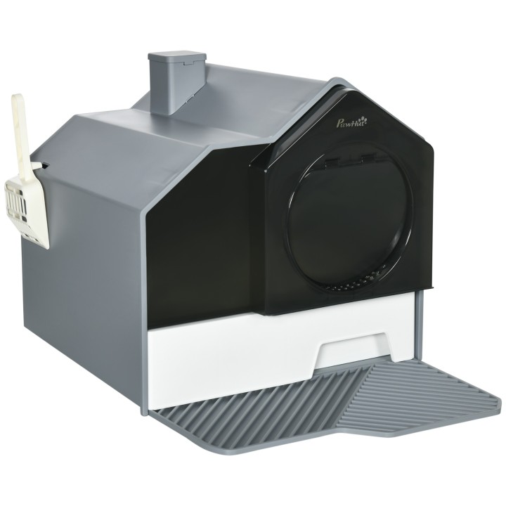 PawHut Katzenklo Haubentoilette Bodenwanne Schaufel Filter für Katzen bis 8kg Weiß+Grau 47x45x42cm   Aosom