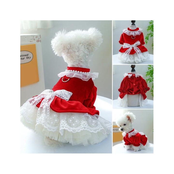 Prinzessin Kleid Fliege Spitzenbesatz Atmungsaktive Mesh Nähte Chihuahua Hund Kleidung für Kleine L rot