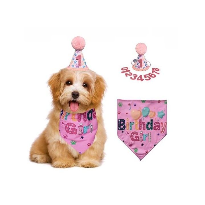 Hund Geburtstag Kostüm Zubehör Haustier Hut Bandana Zahlen Set Welpen Dress Up Dreieck Schal Outfit rosa