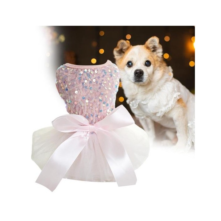 Welpenkleid mit Pailletten, großes Spleißen, ärmellose Schleife, Netzstoff, Party, Haustier, Polyester, Geburtstag, Prinzessi