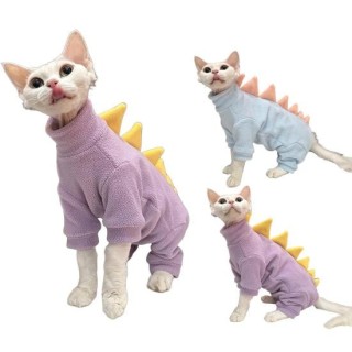 Dinosaurier-Katzenkleidung, Winter-Schlafanzug für Sphynx-Katzen, Kostüm, weiches Fleece, warme Katzenjacke für haarlose Haus