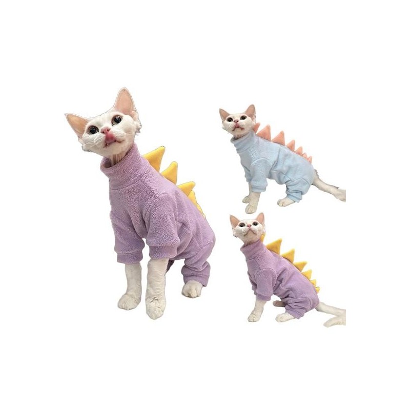 Dinosaurier-Katzenkleidung, Winter-Schlafanzug für Sphynx-Katzen, Kostüm, weiches Fleece, warme Katzenjacke für haarlose Haus