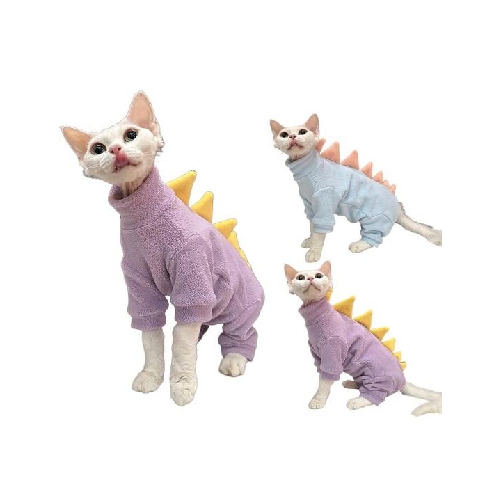 Dinosaurier-Katzenkleidung, Winter-Schlafanzug für Sphynx-Katzen, Kostüm, weiches Fleece, warme Katzenjacke für haarlose Haus