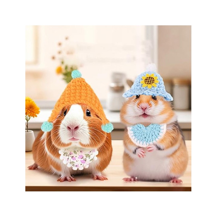 Hamstermütze, winzige gestrickte Hamstermütze, Bandana-Set, verstellbar, Kleintiere, Verkleidungskostüm, Zubehör für Hamster,