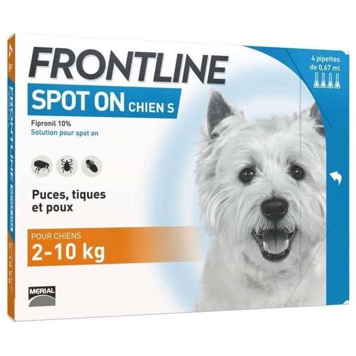 FRONTLINE Spot On Dog S – 2 bis 10 kg – 4 Pipetten – Flöhe, Zecken und Läuse