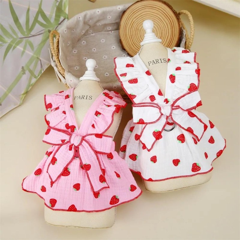 Sommerkleid mit Erdbeermuster für Hunde, Haustierkleidung, Hosenträgerrock, Katzen, Welpen, süßes Hundekostüm XS weiß