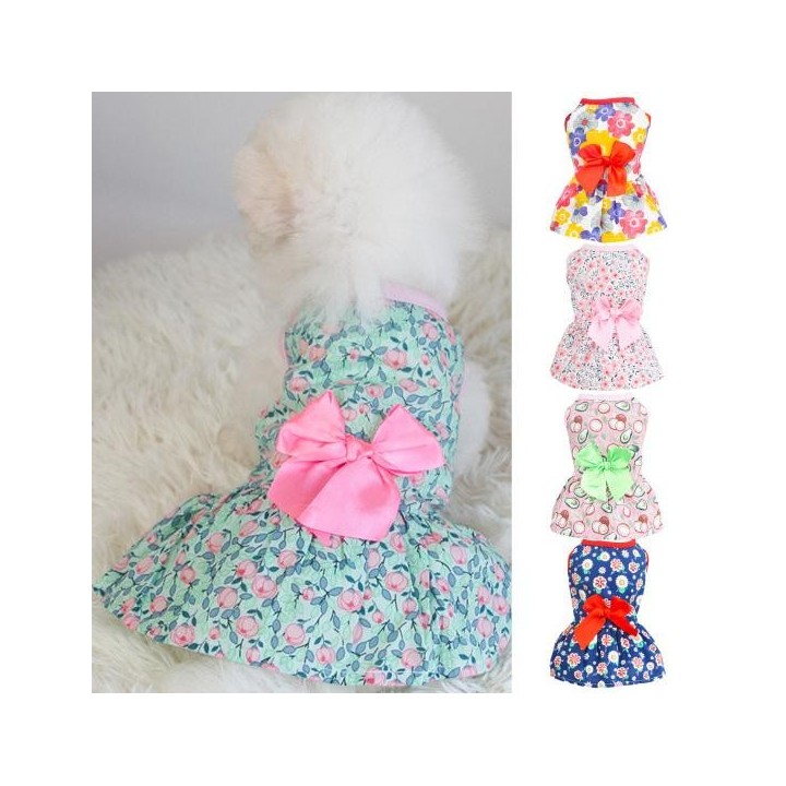 Sommerkleid mit Blumendruck, kleines Kleid, hübsches, mittelgroßes Hunde-Outfit, ärmellos, Vorderbein, Schleife, Dekor, Urlau