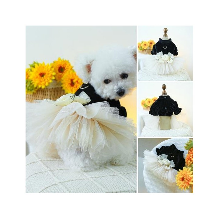 Haustierkleid, stilvolles Hochzeits-Hundekleid mit 3D-Blumen- und Schleifendekoration, Netzspleiß-Hundeprinzessinkleid, Heimt