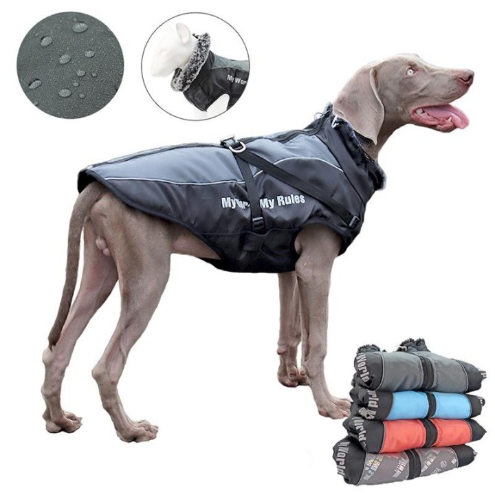Wasserdichter Winter-Haustier-Hundemantel, große Hundekleidung mit Geschirr, große Hundejacke, Labrador-Kostüm, pelziger Krag