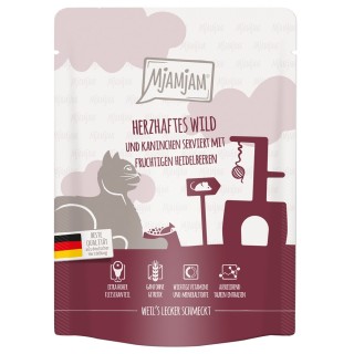MjAMjAM Quetschie 6 x 300 g - herzhaftes Wild & Kaninchen an fruchtigen Heidelbeeren
