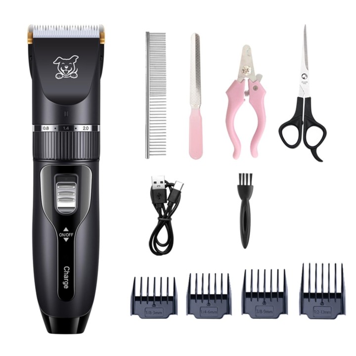 Professioneller Tierhaarschneider, wiederaufladbares Pflegeset und Pfotenschneider für Hunde und Katzen, geräuscharm schwarz