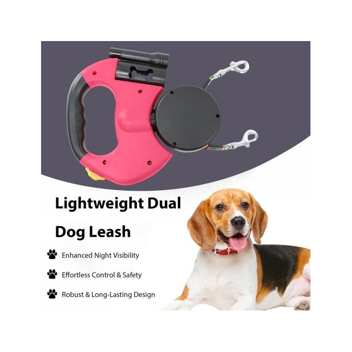 Doppelte einziehbare Hundeleine, doppelköpfige, ausziehbare Laufleine, verwicklungsfreies Haustier-Zugseil für zwei Hunde bis