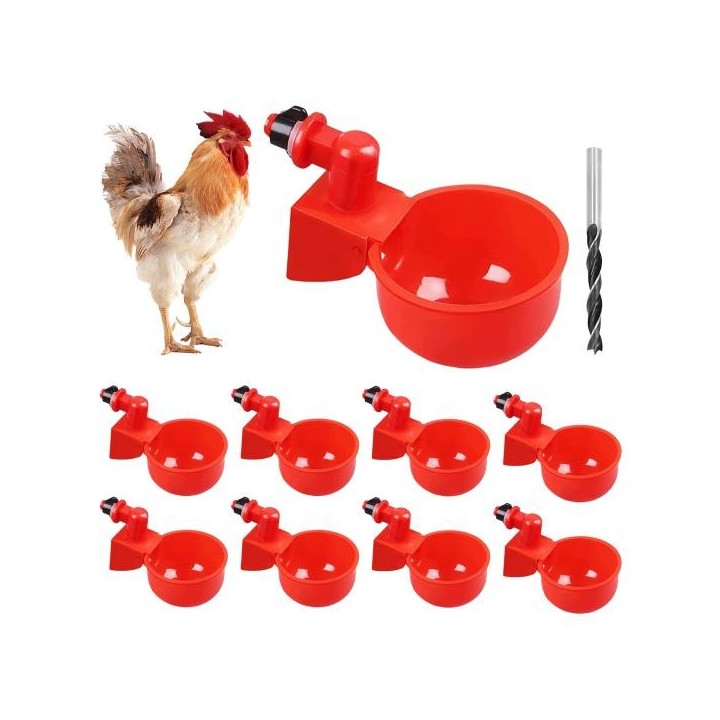 9er-Pack automatische Hühnertränke zum Selbermachen, Geflügeltränke mit Schwerkraftfüllung und Lochsäge für Eimer, Tröge rot