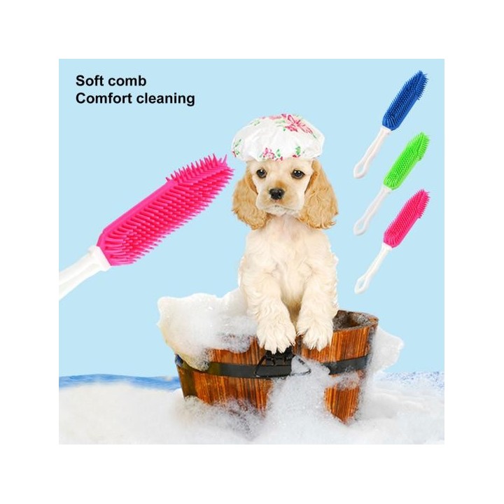 Badebürste für Haustiere mit langem Griff, weichen Gummiborsten, komfortable Fellpflege, Massage, Fellpflege-Bürste rose rot