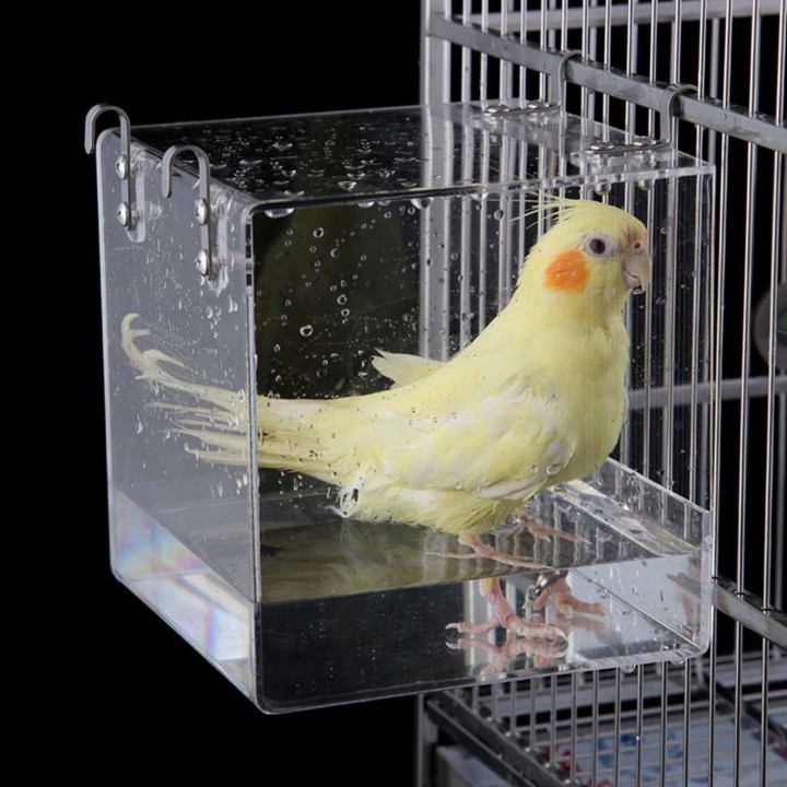 Hakona Vogelbadebehälter Vogelbad Außen Java Spatzenpapagei Baden Acryl Transparenter Korb Fixiert mit 4 Haken Vogelspielzeug