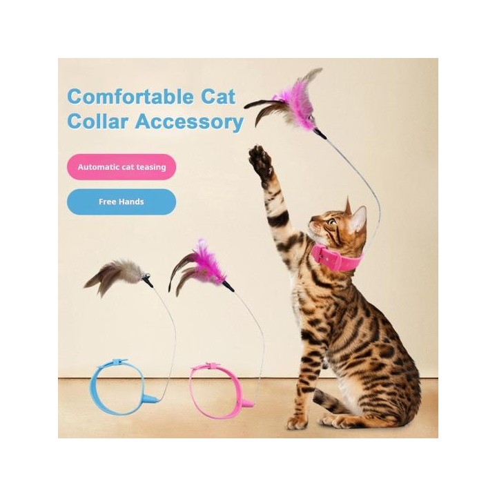 Interaktives Katzenhalsband-Spielzeug, Neckstab mit bunten Naturfedern und Glöckchen, verstellbares Design, selbstspielendes