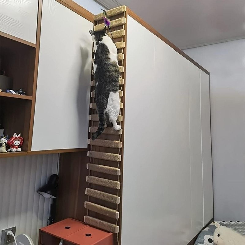 1-teilige Katzenbrücke, geeignet für Katzenkäfig, Baum- und Wandhalterung, hängende Katzenkletterwandleiter aus Sisal und Hol