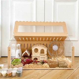 Hamsterkäfig, 60 x 32 x 38 cm, Dach einziehbar, Montageart: Holzmaserung, Holzoptik, Haustierkäfig, Haustierzelt, Haustierhau