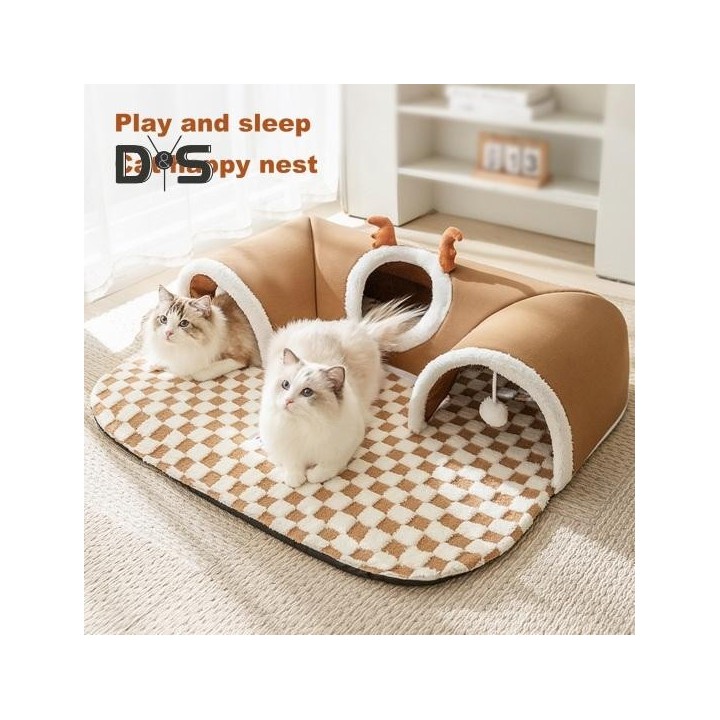 Katzentunnelbett für den Innenbereich, warmes Geweih, Katzen-Guckhöhle, Nest, Katzenröhre mit Plüschballspielzeug, abnehmbare