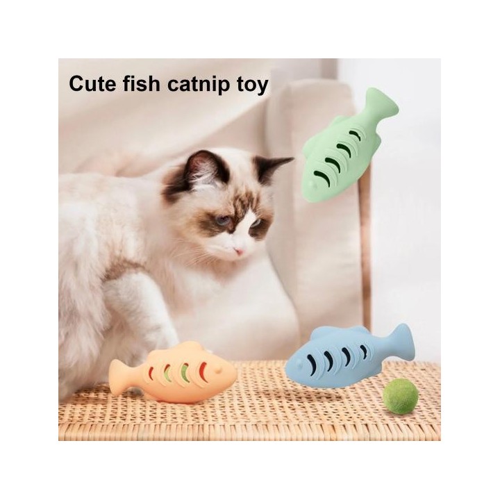 Katzenspielzeug aus Silikon in Fischform mit Katzenminzenbällen, bissfestes Zahnreinigungsspielzeug für Hauskatzen, interakti