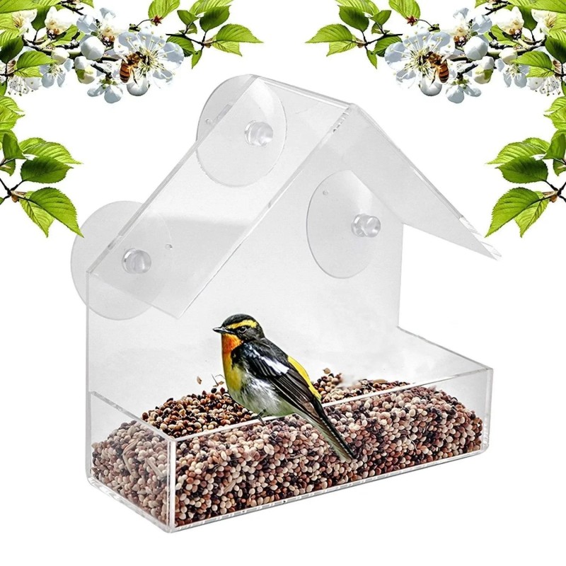 Vogelfutterspender mit Saugnapf, transparentes Fenster, Vogelfutterschale, hängende Hausform, Futterspender für Haustiere, Ga