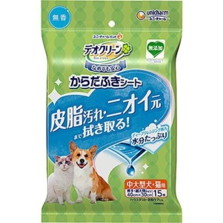 Unicharm [Set Sale] Deoclean Körperwischtücher für mittelgroße und große Hunde und Katzen, geruchsneutral, 15 Tücher x 2 Stüc