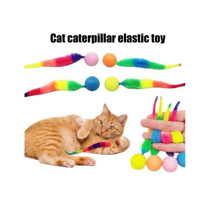 Interaktiver Hüpfball mit Schwanz, bunter, flauschiger Wurm, Hüpfball, Katzenspielzeug, Regenbogenwurm, Katzenjagdspielzeug f