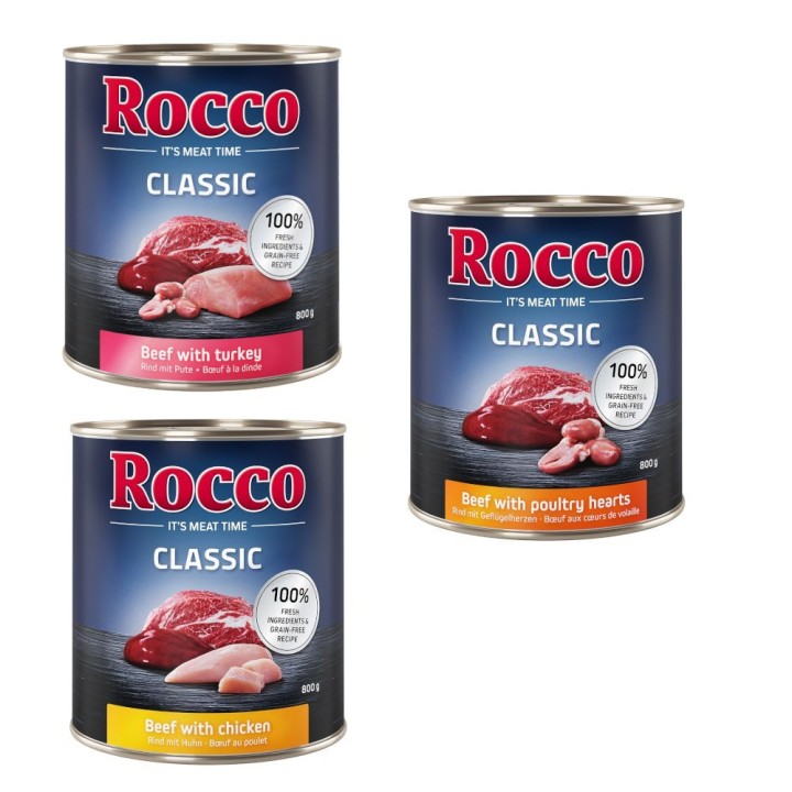 Angebot Rocco Classic 12 x 800 g - Geflügel-Mix: Rind/Huhn, Rind/Geflügelherzen, Rind/Pute