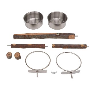 Papageien-Holzständer mit Futternapf aus Edelstahl, Futterspender, Ständer, Kombination, Vogelkäfig-Futterspender Large