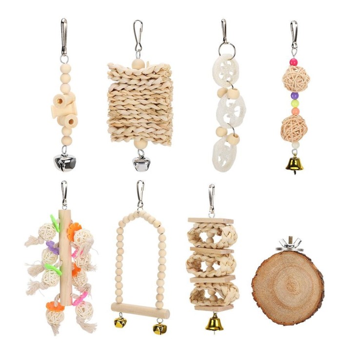 8 Packungen Vogel-Papageien-Hängeschaukel-Käfig-Spielzeug, Naturholz-Vogel-Kletter-Kauspielzeug-Set