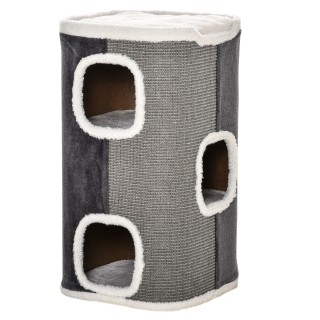 PawHut Katzenbaum  Kratztonne mit 3 Ebenen, Spanplatte, samtartiges Polyester, Sisal, Grau+Weiß, 40x40x74cm  Aosom