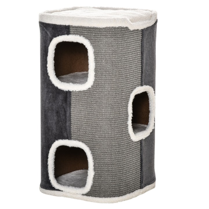 PawHut Katzenbaum  Kratztonne mit 3 Ebenen, Spanplatte, samtartiges Polyester, Sisal, Grau+Weiß, 40x40x74cm  Aosom