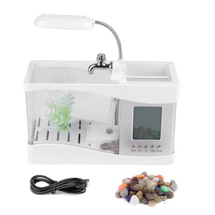 Multifunktionales, über USB wiederaufladbares Mini-Aquarium mit Uhrfunktion, LED-Licht, Weiß weiß