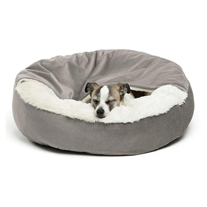 Kleines Hundebett, beruhigende Hundebetten und Katzenhöhlenbett mit Kapuzenbezug, flauschige Plüschkatzenbetten für den Innen